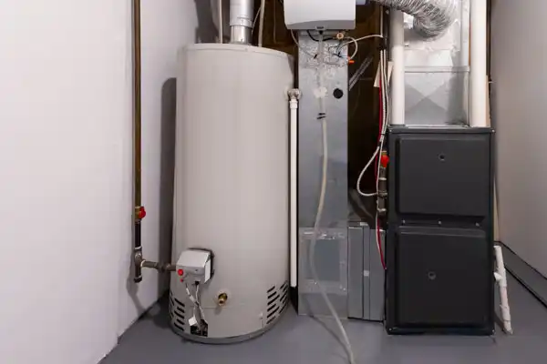 Home utility room with a water heater tank and HVAC system, including air ducts and piping, against a white wall.